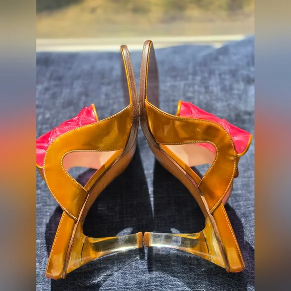 CHANEL Patent Leather Heels Vintage Women's Sandals Gold and Pink Size 36 1/2 - Picture 5 of 16